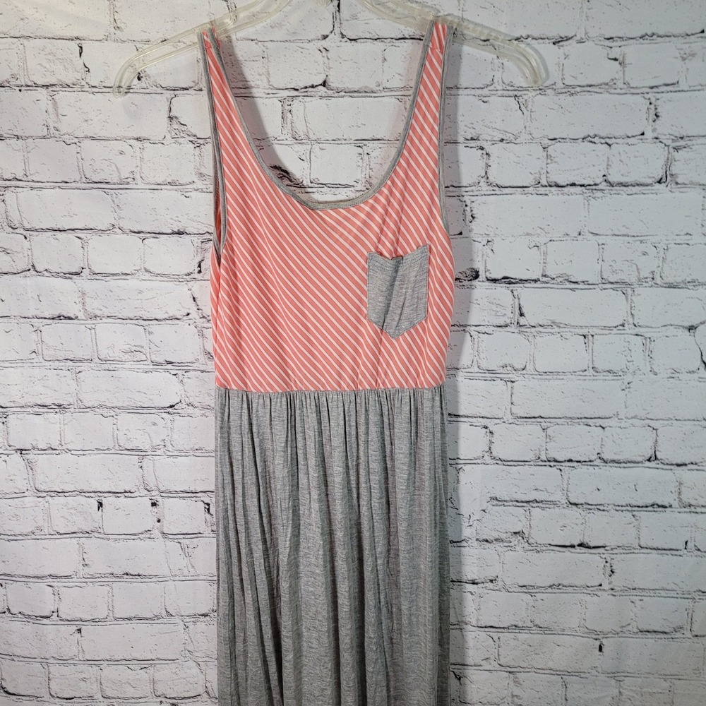 Sun & Moon Maxi Dress Womens Small Pink Grey Striped Pocket Tank Jersey VGC